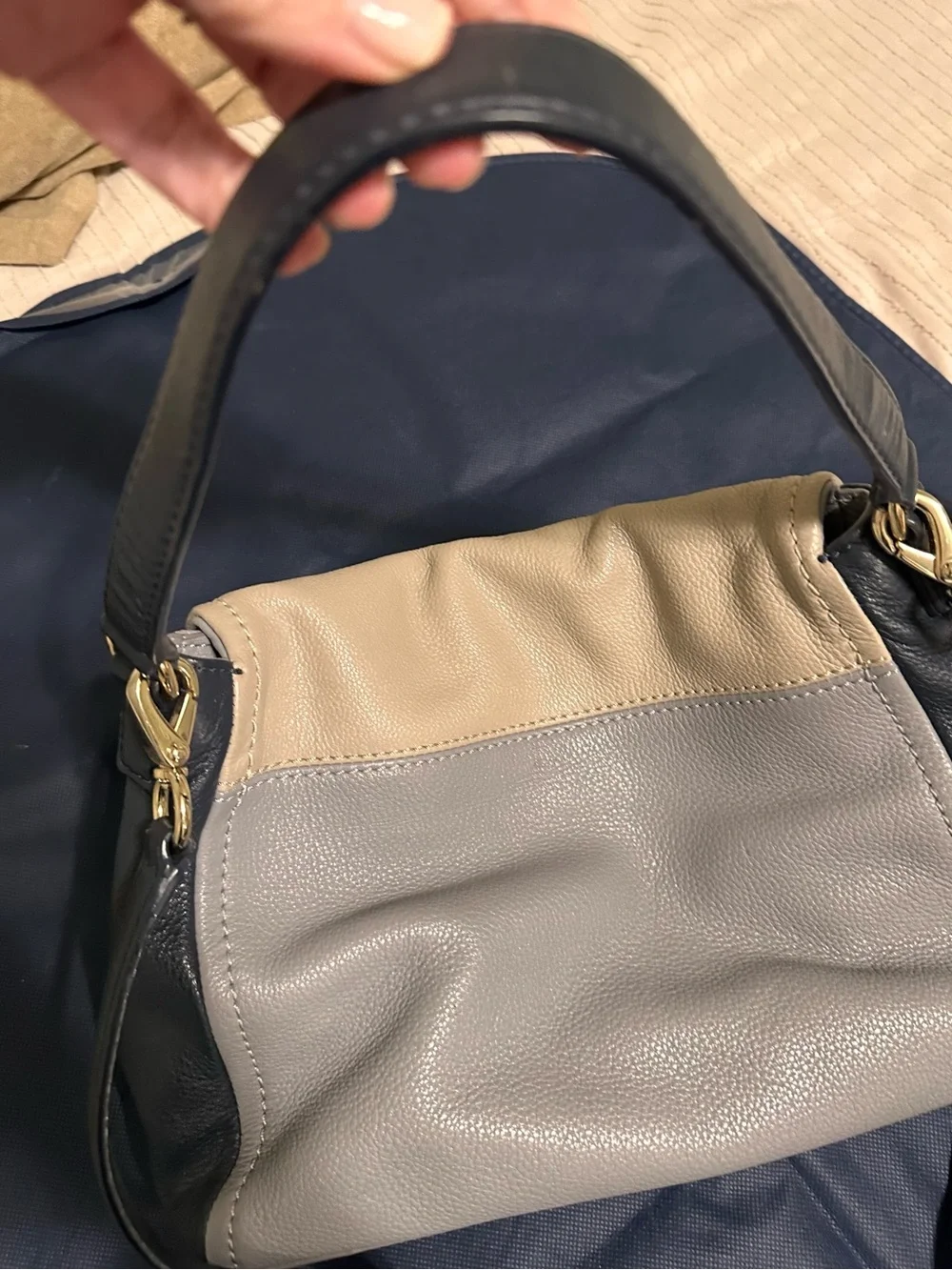 kate spade Two-Tone Beige and Gray Leather crossbody with navy strap